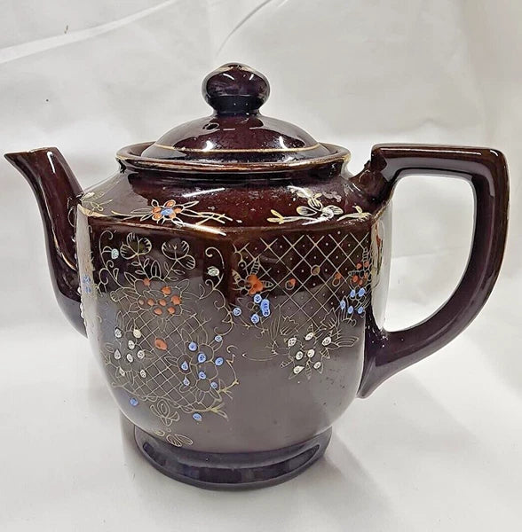 VTG Brown Betty Redware Teapot Moriage Enamel Hand Painted Made in Japan 6.5" H