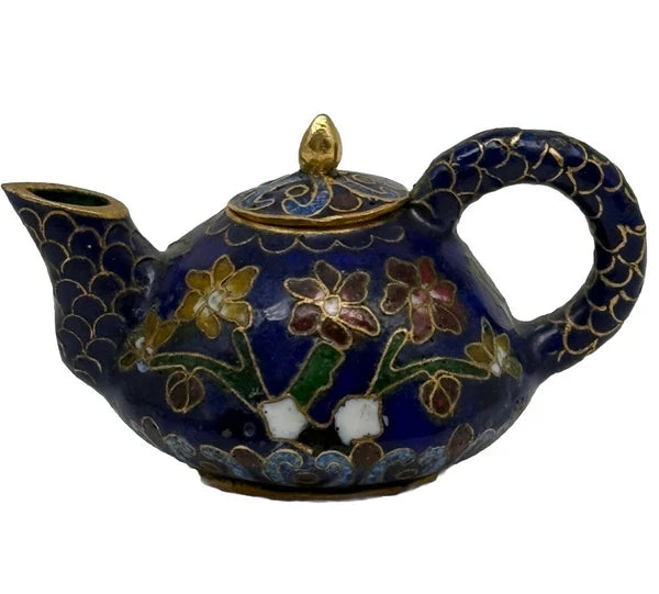 Mini Chinese Cloisonné Enameled Floral Glaze Cobalt Blue Teapot 2.75" L  1.5" H