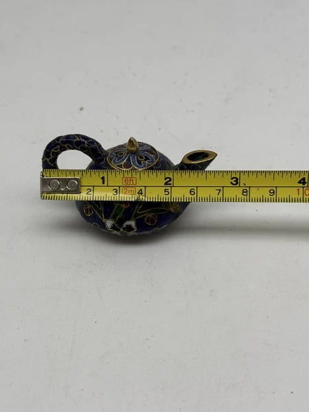 Mini Chinese Cloisonné Enameled Floral Glaze Cobalt Blue Teapot 2.75" L  1.5" H