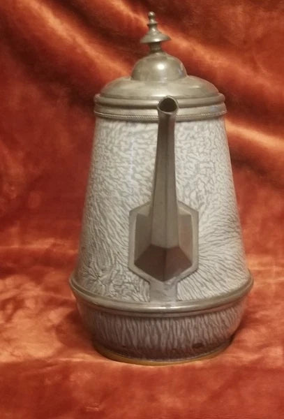 Early (1890 - 1905) Pewter-Trimmed Grey Graniteware Teapot - Enamel Ware Antique