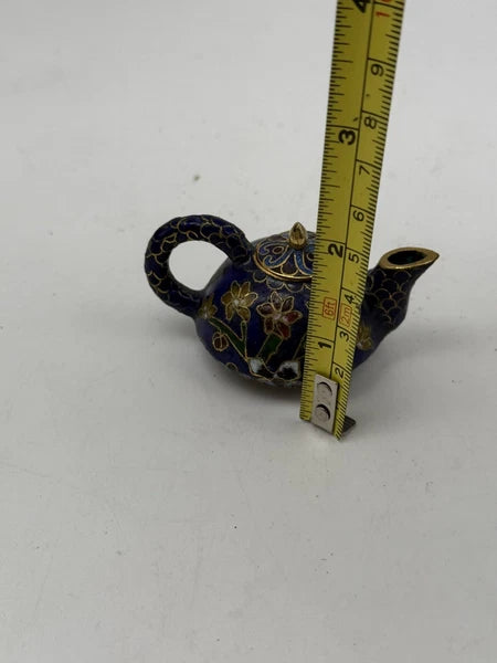 Mini Chinese Cloisonné Enameled Floral Glaze Cobalt Blue Teapot 2.75" L  1.5" H