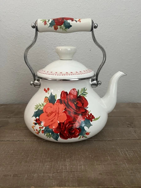 Pioneer Woman Floral Enamel Teapot Tea Kettle In White Cheerful Rose