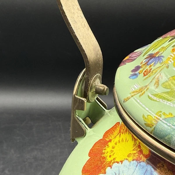 MacKenzie-Childs Green Flower Market Enamel 2qt Tea Pot Kettle Wood Handle EUC