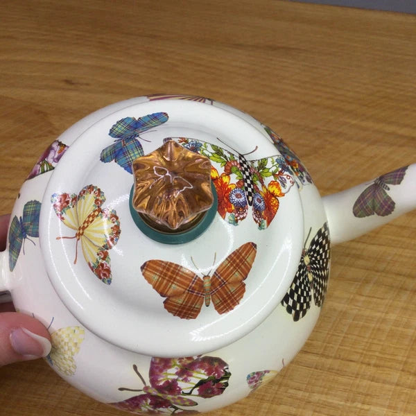 MacKenzie Childs Butterfly Garden White 4 Cup Enamel Teapot Kettle Small Retired