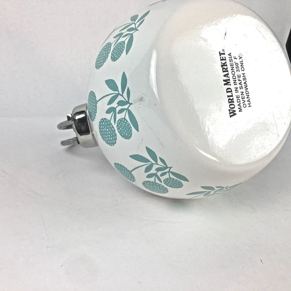 Vintage World Market Whistling Teapot Kettle w Dandelion Design White Blue Green