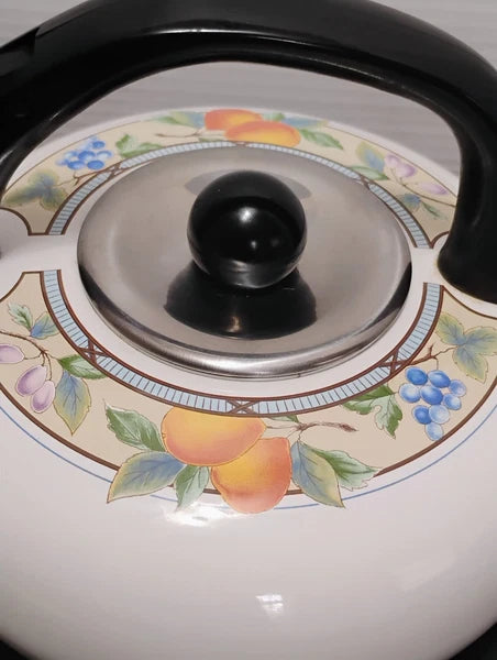 Vintage MIKASA Garden Harvest 2.5qt Whistling Tea Kettle Pot Stovetop Enamelware