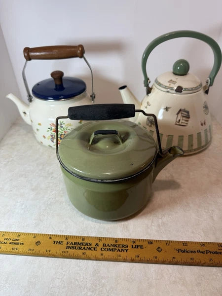 Lot of 3 Vintage MCM Retro Enamelware  Tea Kettle Pots