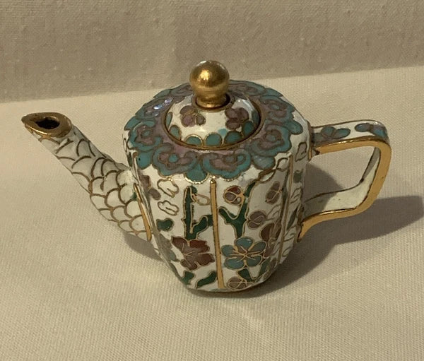 Miniature Floral Enamel Cloisonné Teapot Blue/Mauve/White Florals