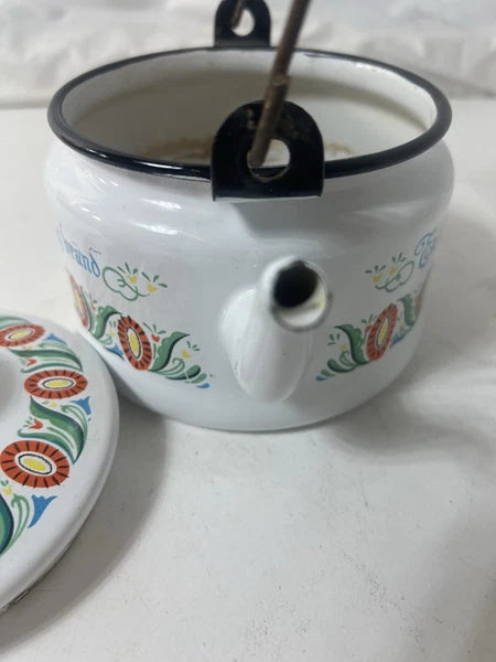 Swedish Folk ArtVINTAGE ENAMEL TEAPOT KETTLE ENAMELWARE script