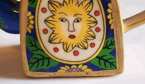 Minature Porcelain Sunflowers Blue, Yellow & Green Teapot "Friendship Trinket"
