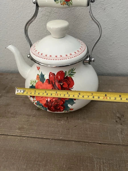 Pioneer Woman Floral Enamel Teapot Tea Kettle In White Cheerful Rose