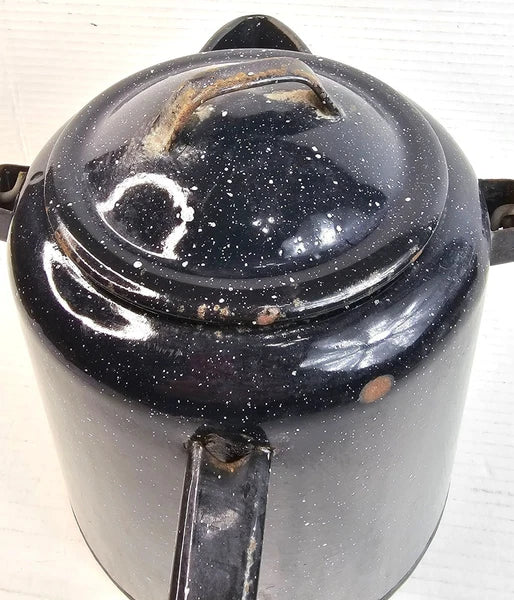 Vintage Black Enamelware Coffee Pot With Speckled Design Lid Camping Tea Kettle