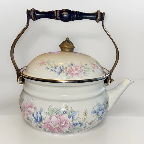 Vintage Pfaltzgraff Tea Rose Enamelware Kettle w/Lid - Black Handle - Some Rust