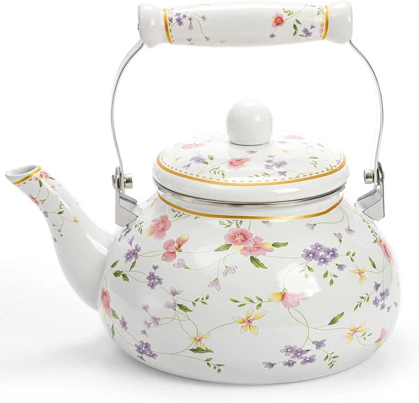 Vintage Enamel Tea Kettle, 2.6 Quart Floral Enamel Water Kettle Teapot with Porc
