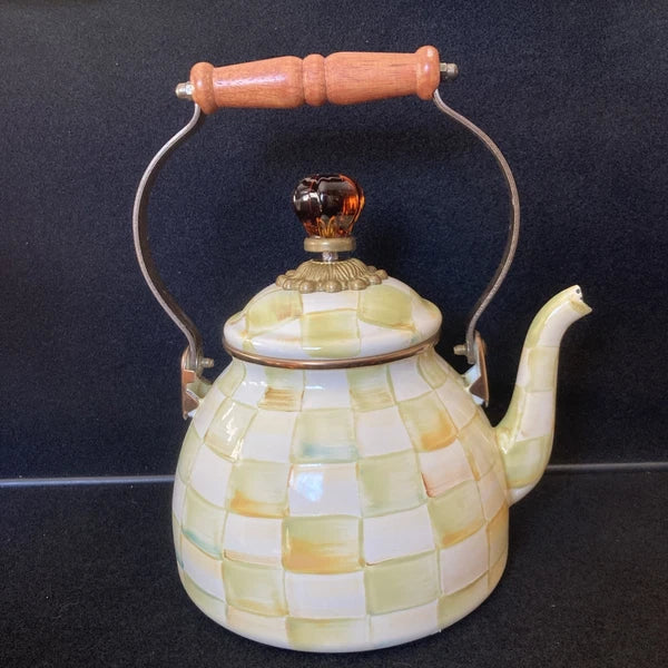 MACKENZIE-CHILDS 2 QT Teapot Kettle PARCHMENT CHECK Retired Color Enamel Loss