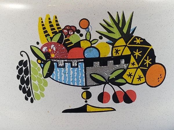 Vntg White ENAMEL TEA KETTLE Colorful Fruit Bowl Decoration Wire & Wood Handle