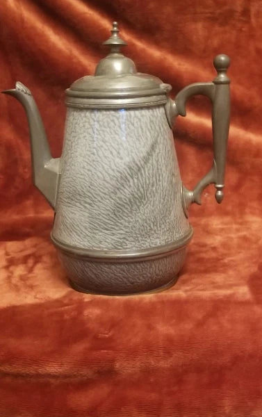 Early (1890 - 1905) Pewter-Trimmed Grey Graniteware Teapot - Enamel Ware Antique