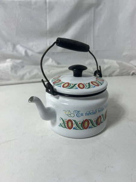 Swedish Folk ArtVINTAGE ENAMEL TEAPOT KETTLE ENAMELWARE script