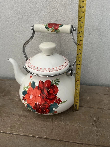 Pioneer Woman Floral Enamel Teapot Tea Kettle In White Cheerful Rose