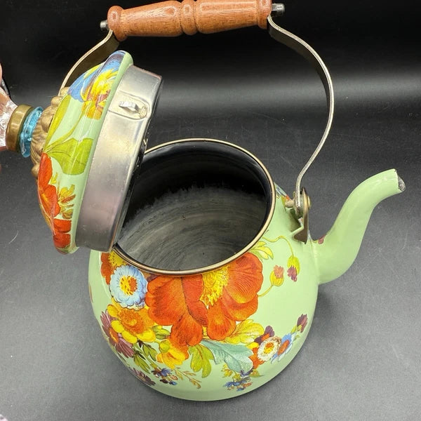 MacKenzie-Childs Green Flower Market Enamel 2qt Tea Pot Kettle Wood Handle EUC