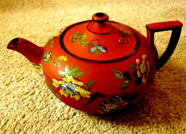 RARE Antique Wedgwood Pottery Enamel Rosso Antico Chinoiserie Teapot w Lid