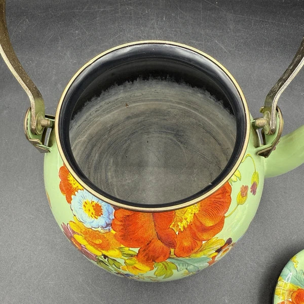 MacKenzie-Childs Green Flower Market Enamel 2qt Tea Pot Kettle Wood Handle EUC