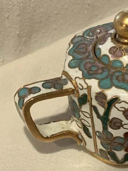 Miniature Floral Enamel Cloisonné Teapot Blue/Mauve/White Florals