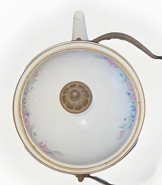 Vintage Pfaltzgraff Tea Rose Enamelware Kettle w/Lid - Black Handle - Some Rust