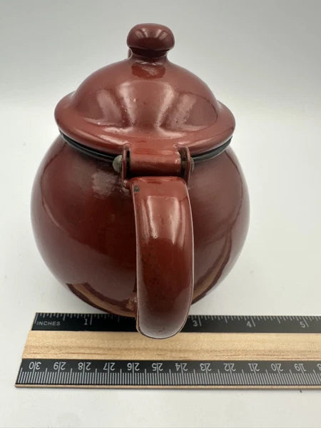 Vintage Enamel Teapot Small Brown & White Interior Goose Neck Handle