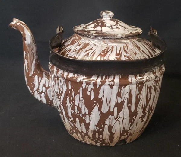 Rare Vintage Enameled Ware Brown / White Mottled Pattern Teapot