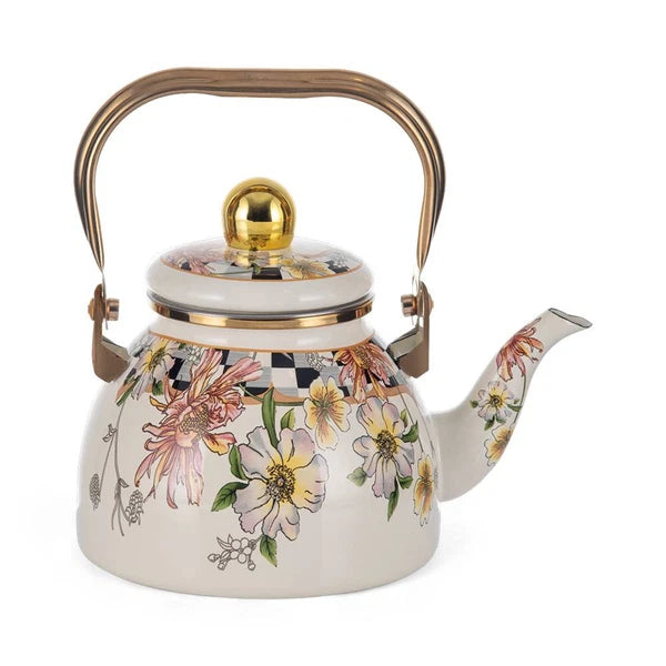 Enameled Flower Garden Tea Pot Kettle Floral Teapot with Infuser 1.2L