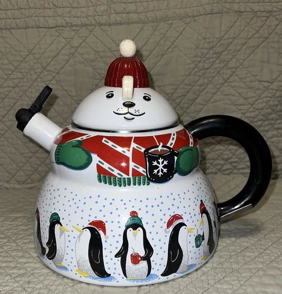 Polar Bear & Penguin 3 Qt Porcelain Enamel Roschko Teapot