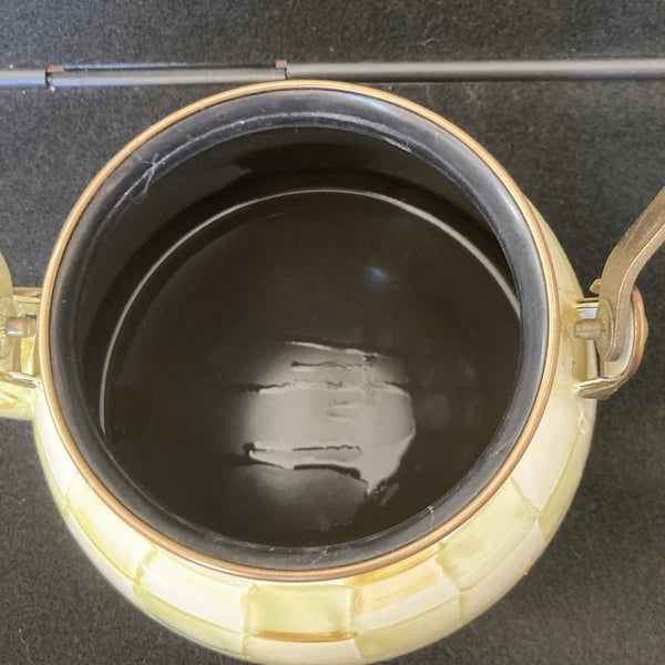 MACKENZIE-CHILDS 2 QT Teapot Kettle PARCHMENT CHECK Retired Color Enamel Loss