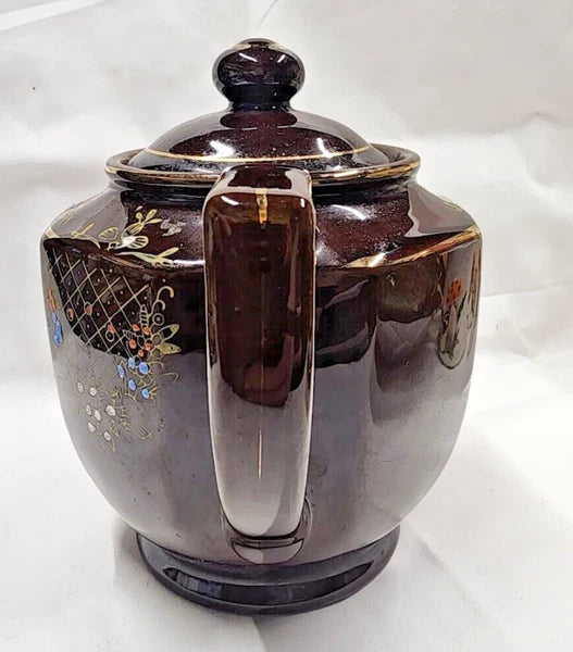 VTG Brown Betty Redware Teapot Moriage Enamel Hand Painted Made in Japan 6.5" H