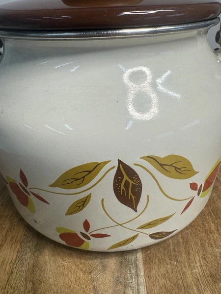Hall Autumn Leaf Jewel Tea Enamel Metal Wood Handle Teapot Tea Kettle Rare