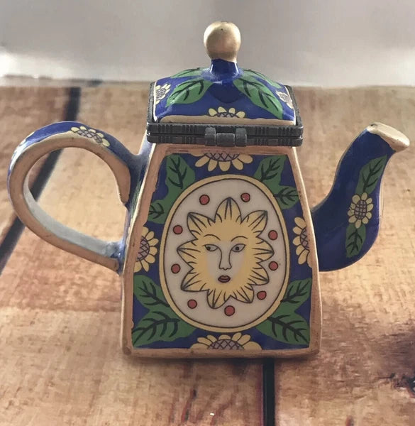Miniature enamel teapot Sunface Yellow Sunflowers Porcelain 3.25H