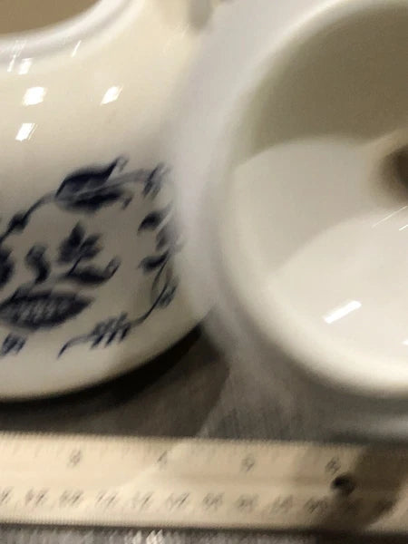 Vntg Japan Blue Onion Porcelain Enamel Ware Teakettle W/Wire Metal HandleVGUC