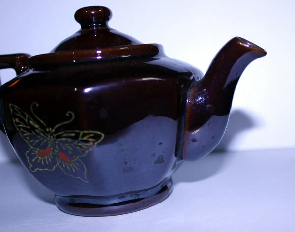 Vintage Stoneware Teapot, Brown Raised Enamel Paint Teapot, Japan