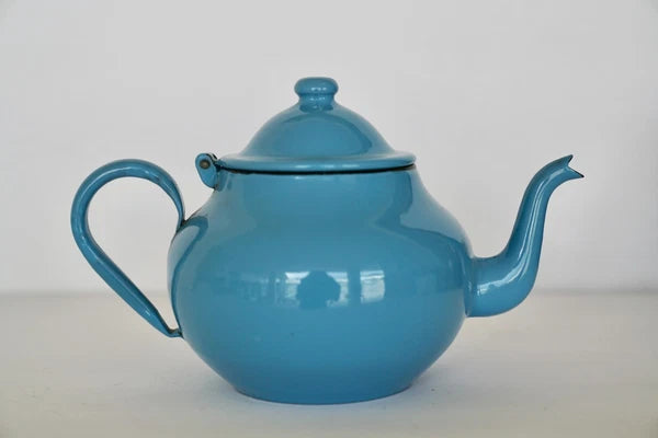 RARE Vintage Blue Enamel Ware Teapot Hinged Lid 6" H made in Yugoslavia