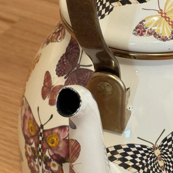 MacKenzie Childs Butterfly Garden Courtly Check 3 qt Enamel Teapot Tea Kettle
