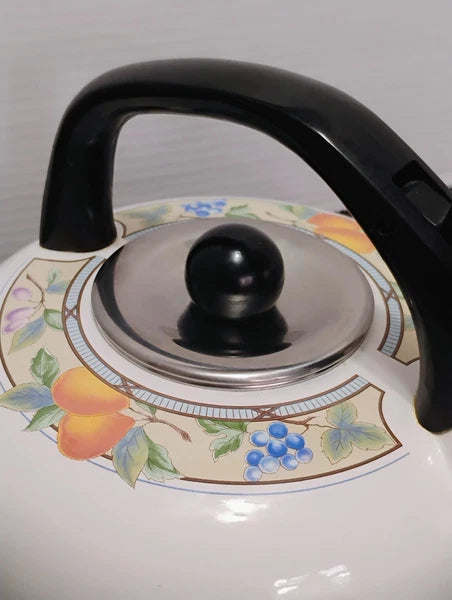 Vintage MIKASA Garden Harvest 2.5qt Whistling Tea Kettle Pot Stovetop Enamelware