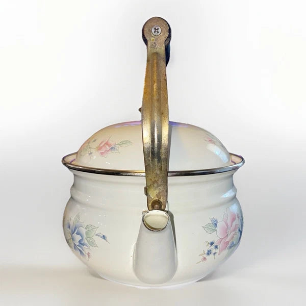 Vintage Pfaltzgraff Tea Rose Enamelware Kettle w/Lid - Black Handle - Some Rust