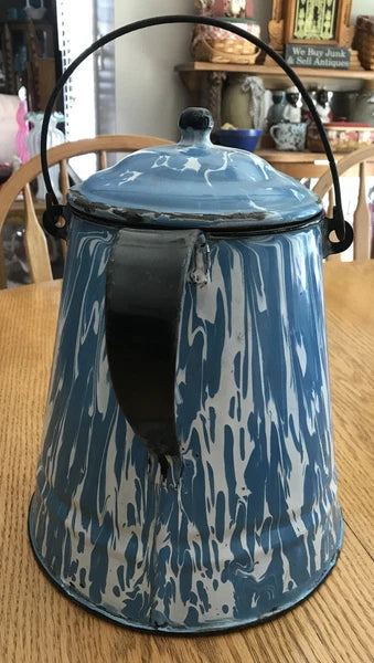 Vintage Antique Blue White Swirl Enamel Coffee Tea Pot Cowboy Kettle 11” Large