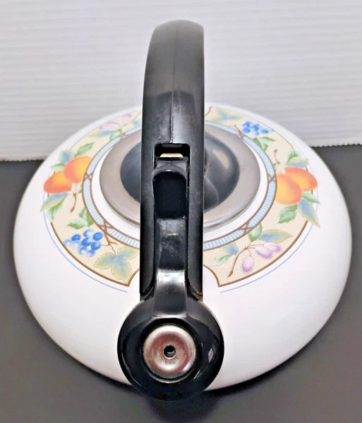 Vintage MIKASA Garden Harvest 2.5qt Whistling Tea Kettle Pot Stovetop Enamelware