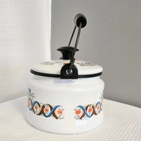 Vtg Enamelware Teapot Tea Kettle Pennsylvania Dutch Look Folk Art READ
