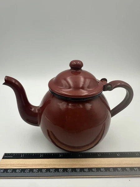Vintage Enamel Teapot Small Brown & White Interior Goose Neck Handle
