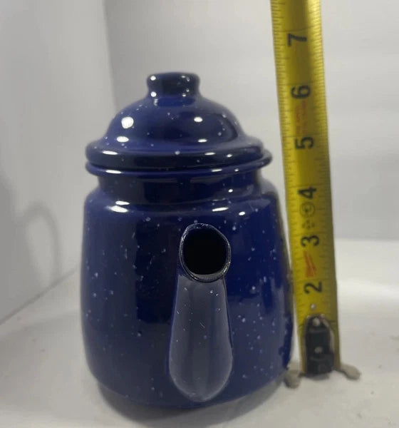 Enamelware Speckled Blue Tea Pot Kettle, Cup And Small Picher