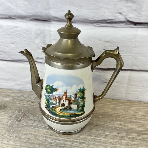 Victorian Pewter Enamelware Teapot & Tea Caddy Sugar Bowl Manning Bowman? Castle