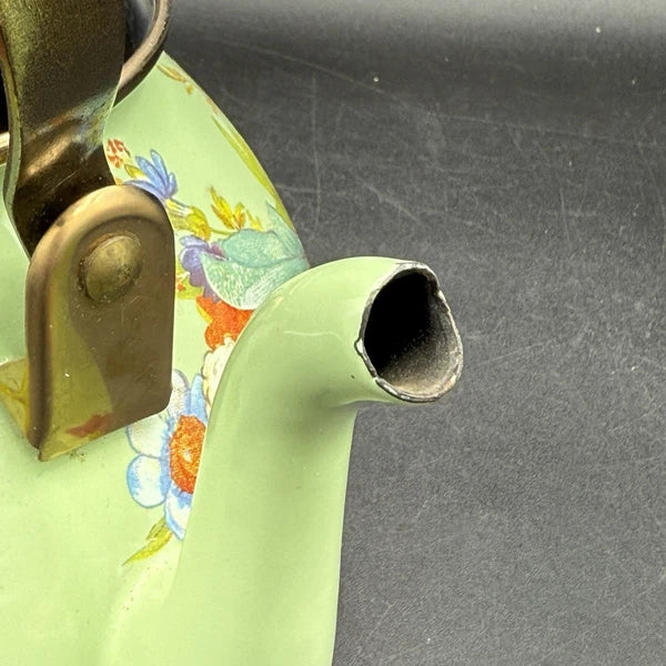 MacKenzie-Childs Green Flower Market Enamel 2qt Tea Pot Kettle Wood Handle EUC