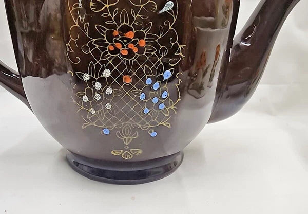VTG Brown Betty Redware Teapot Moriage Enamel Hand Painted Made in Japan 6.5" H